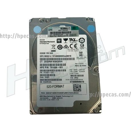 HPE 600GB 10K 12Gb/s DP SAS 2.5" SFF NHP 520-FORMAT ENT 3P10000 RW HDD (844288-001) R