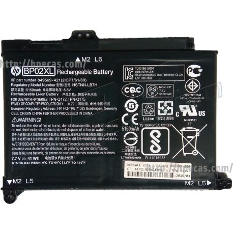 Bateria Original BP02XL de 2 células 7.7V 41WH 5360mAh para HP PAVILION 15-AW, 15-AU (849569-421, 849569-541, 849569-542, 849569-543, 849909-850, 849909-855, BP02042XL-PR, HSTNN-LB7H, HSTNN-UB7B, T9Z75AV) N