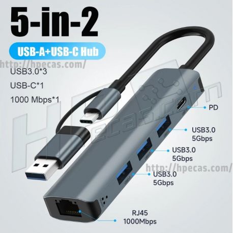 Adaptador USB-C macho HUB USB 3.0 Ethernet RJ45 1000Mbps (5IN2)
