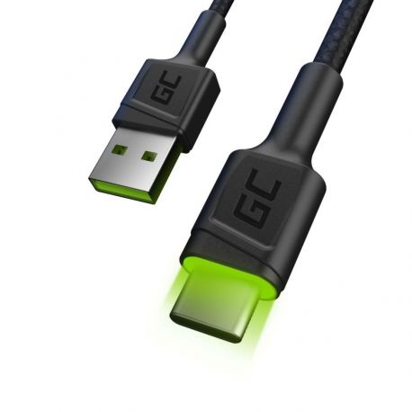 Green Cell Ray Cabo USB - USB-C 120cm com luz de fundo verde LED e suporte para carregamento Ultra Rápido, QC 3.0 (KABGC06) N