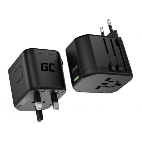Green Cell GC TripCharge PRO Universal Travel Adapter com USB-A Ultra Charge and USB-C PD 18W ports para UK/US/AU/EU (AK85)