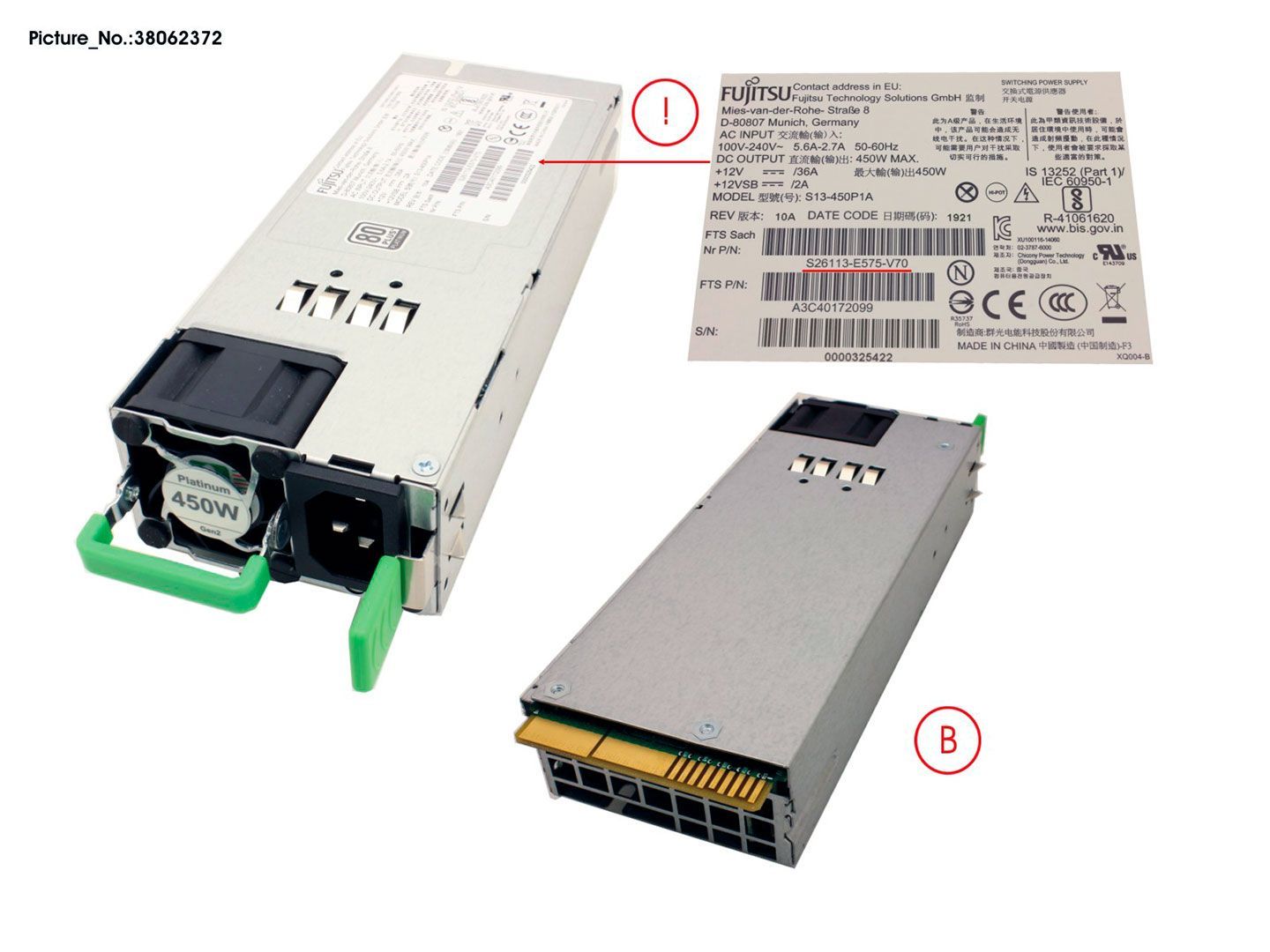 Fujitsu 450W Power Supply Modular PSU Platinum HP Gen2 (38062372