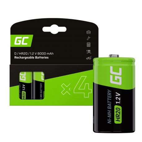 Green Cell Rechargeable Baterias 4x D R20 HR20 Ni-MH 1.2V 8000mAh (GR16)