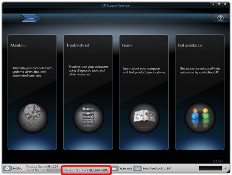 HP Support Assistant com informações do produto exibidas.