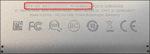 Localização do número de modelo e do número de produto no tablet HP 8